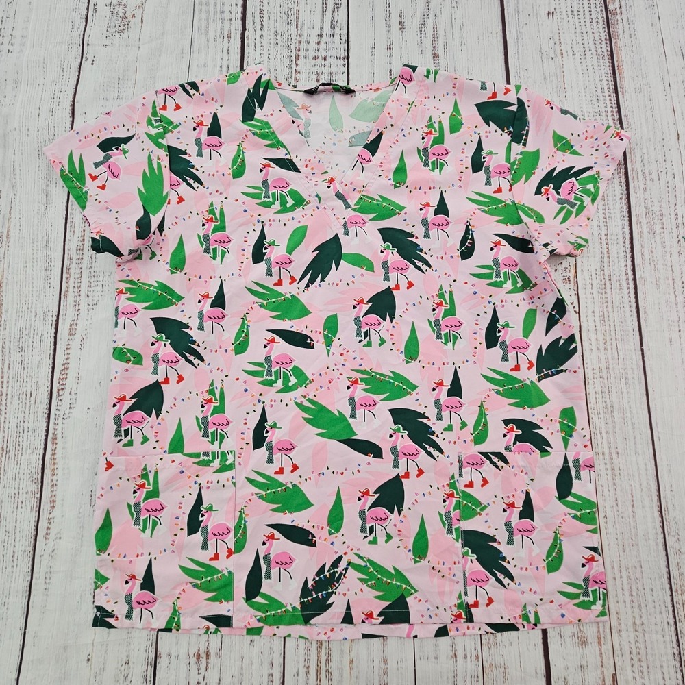 Cassandra O Light Pink Holiday Lights Flamingo Print Scrub Top Women's L